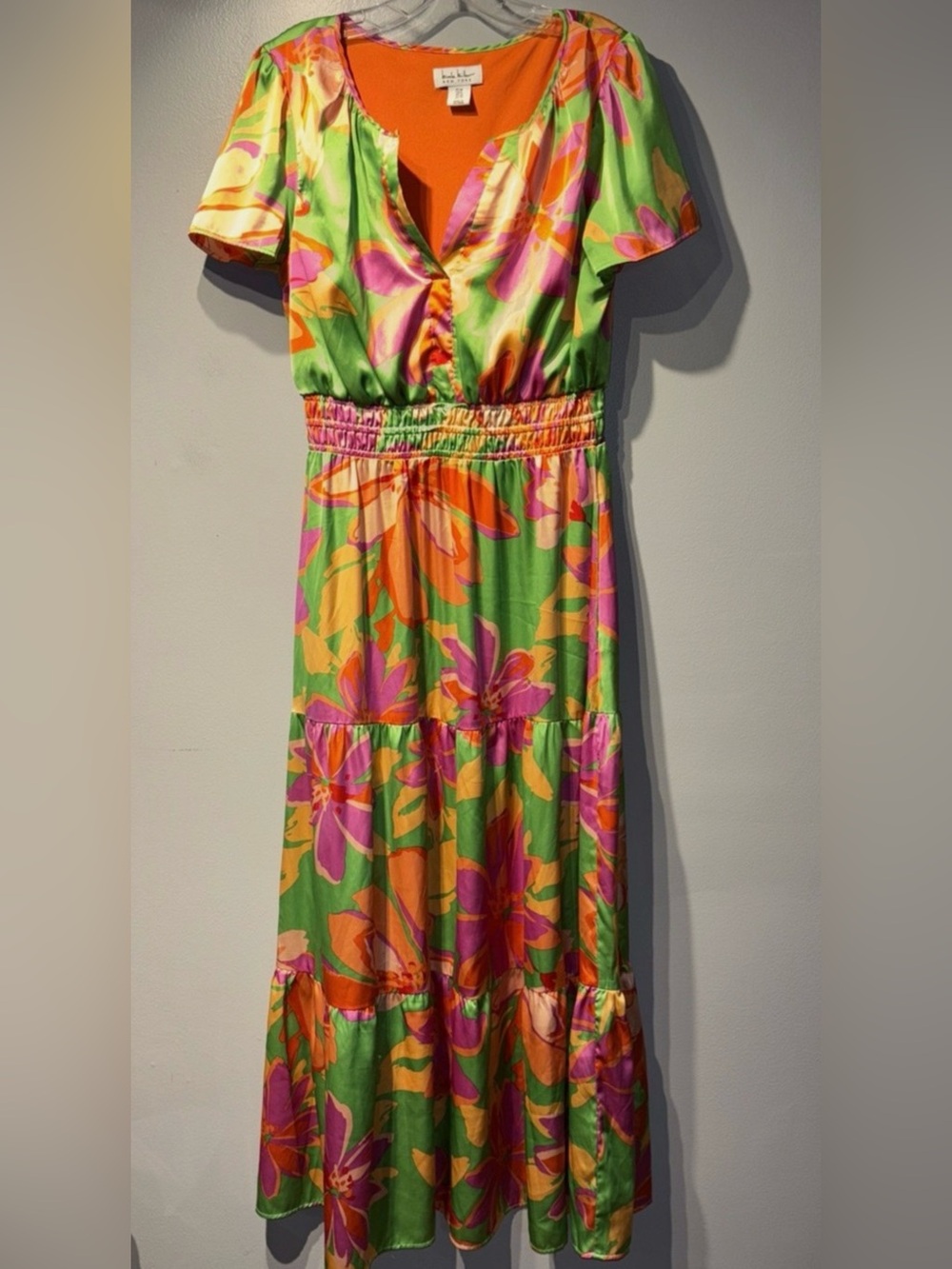 Nicole Miller Vibrant Floral Maxi Dress in Green, Orange & Pink